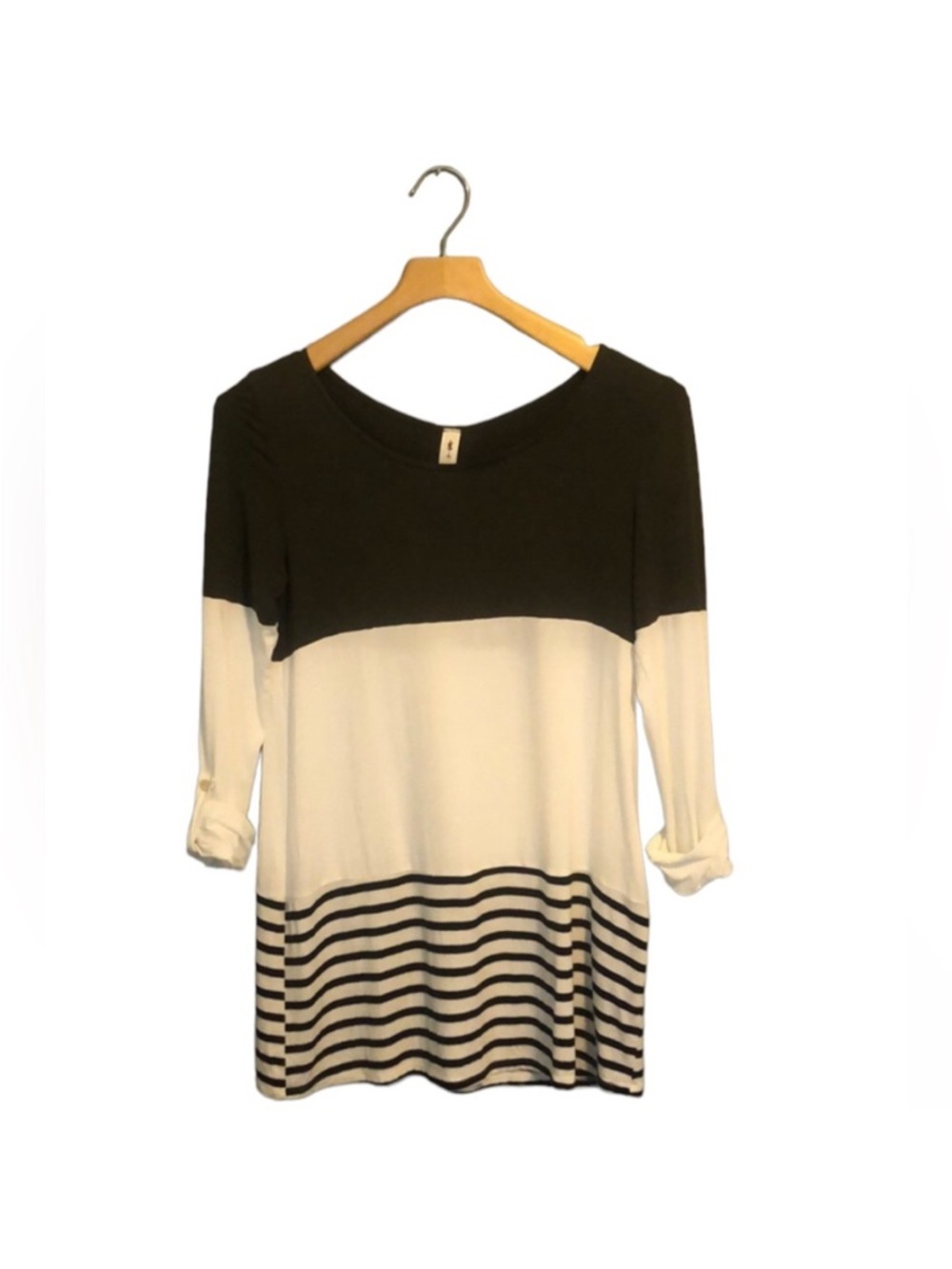 Vanilla Bay Olive Green Black Colorblock Striped Lace Buttons Tunic Top Small